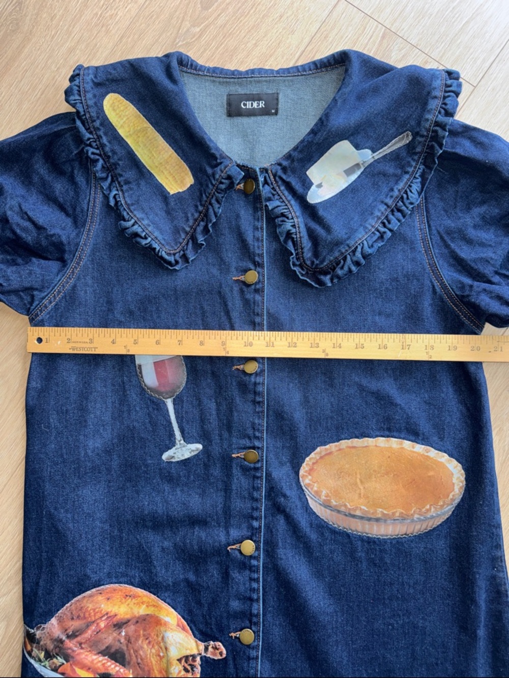 Cider Peter Pan Collar Denim Mini Dress Upcycled Thanksgiving Patches Size M - Picture 15 of 16